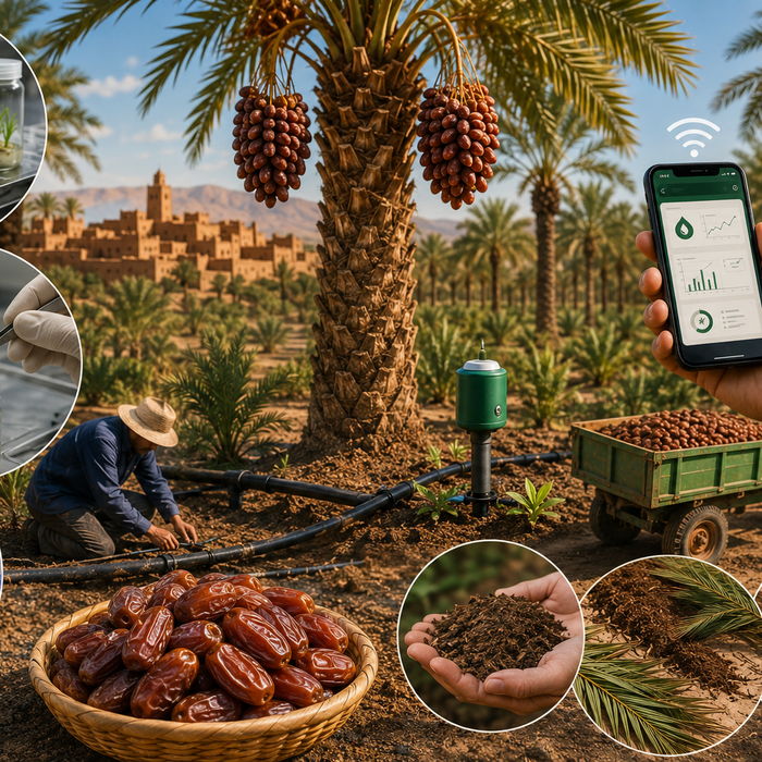 Palmeraie moderne équipée de goutte-à-goutte dans une oasis marocaine