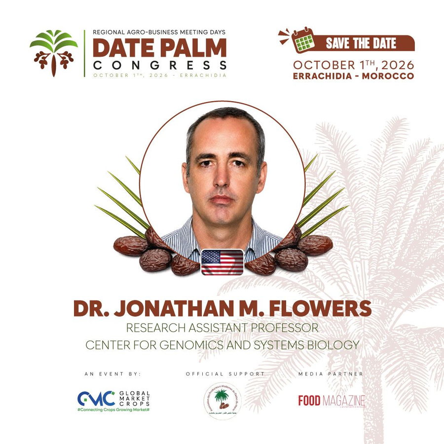 Visuel officiel du RAMD Date Palm Congress 2026 annonçant le Dr Jonathan M. Flowers, chercheur au Center for Genomics and Systems Biology de NYU