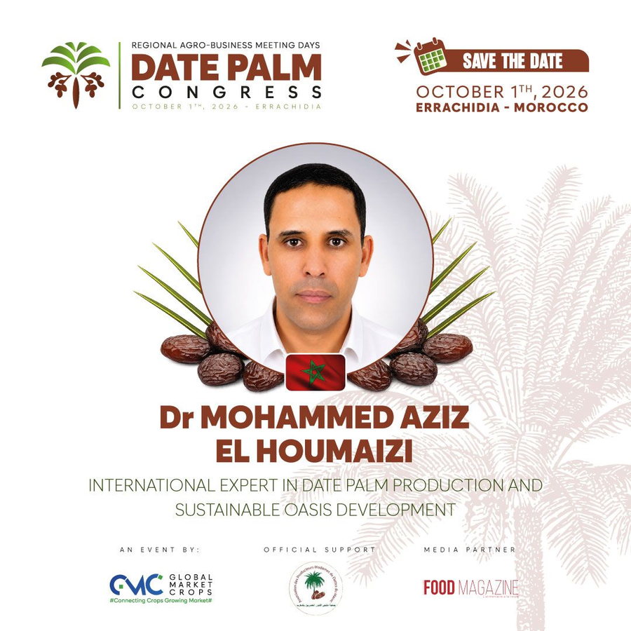 Visuel officiel du RAMD Date Palm Congress 2026 annonçant le Dr Mohammed Aziz El Houmaizi, expert international en production de dattes et développement oasien durable