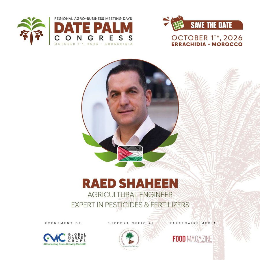 Visuel officiel du RAMD Date Palm Congress 2026 annonçant Raed Shaheen, ingénieur agronome expert en pesticides et fertilisants
