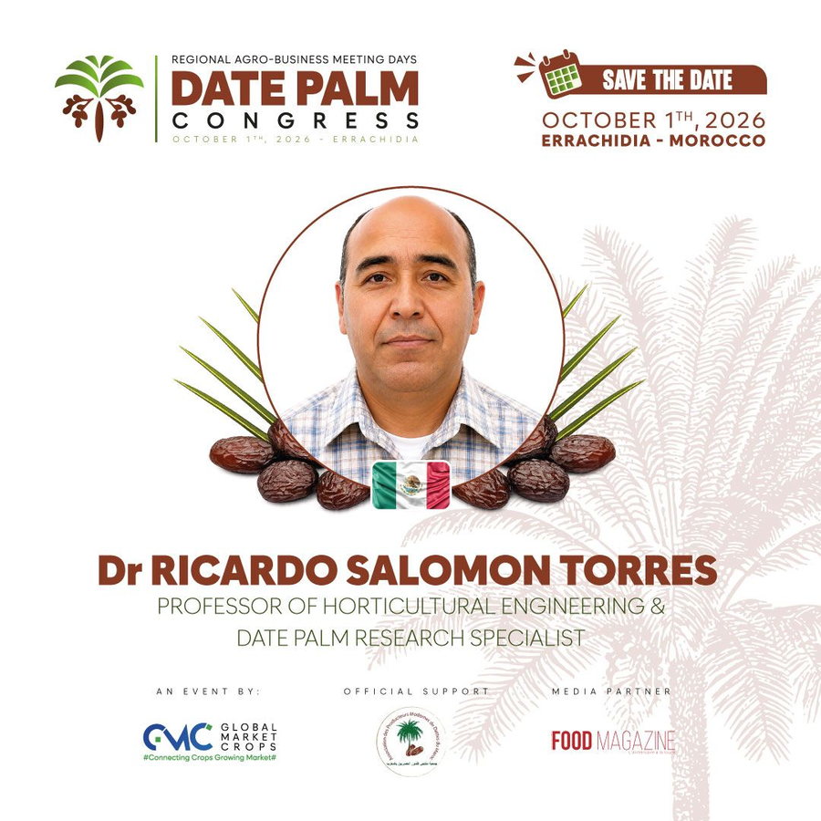 Visuel officiel du RAMD Date Palm Congress 2026 annonçant le Dr Ricardo Salomon-Torres, professeur-chercheur à l'Université d'État de Sonora au Mexique
